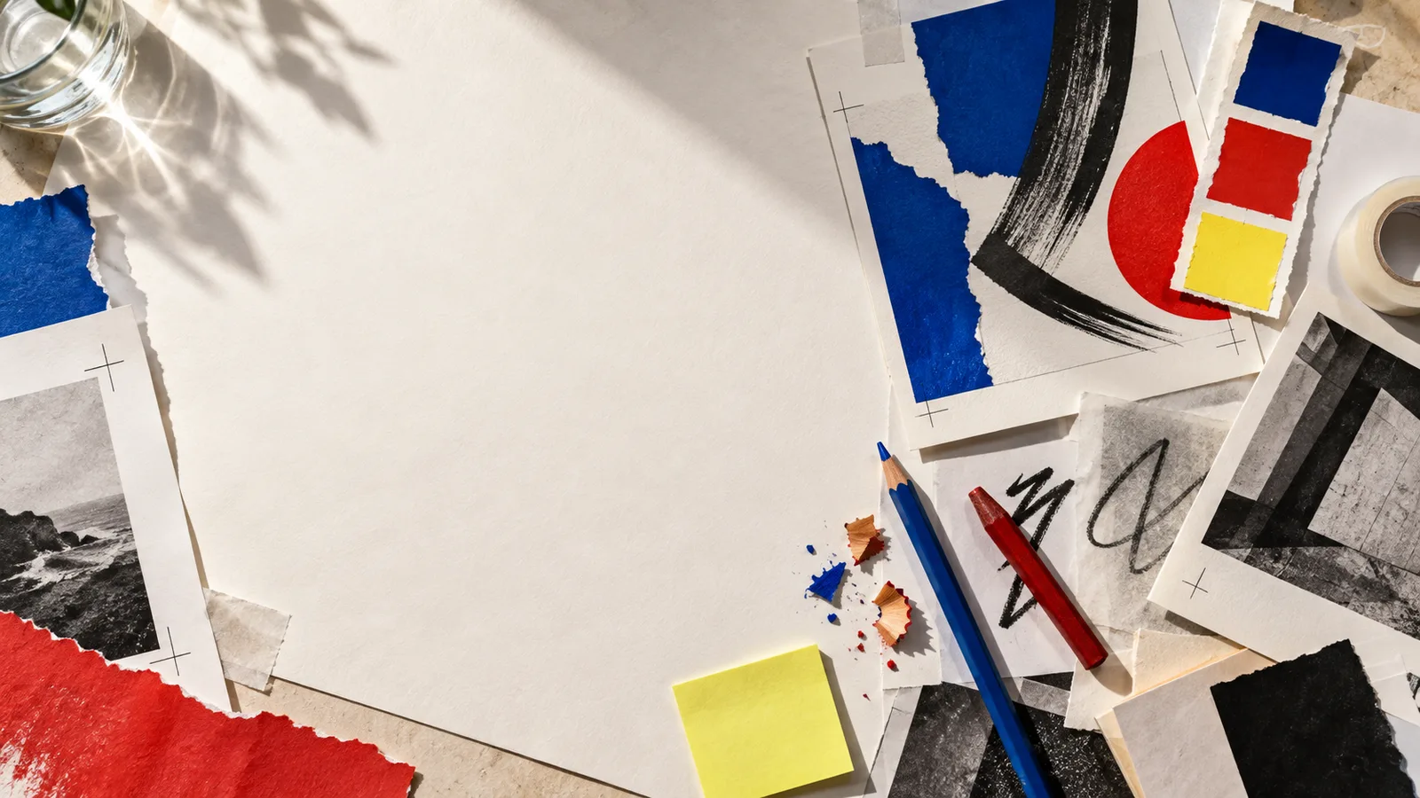 Brand strategy worktable with paper, color studies, pencils, and campaign sketches